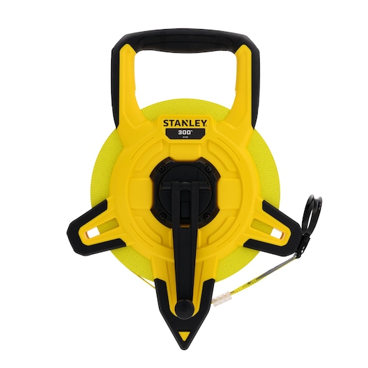 Stanley open reel measuring tape, 300-foot length, yellow and black, front view on white background