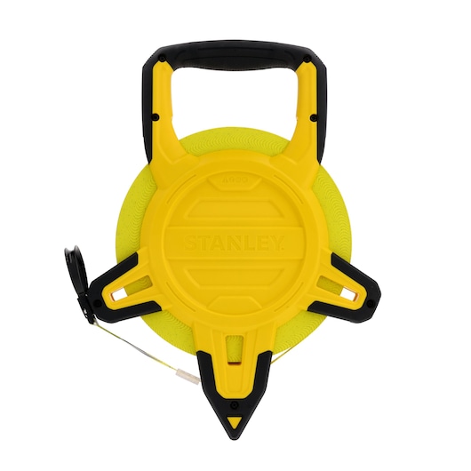 Stanley 34-762 yellow and black open reel long tape measure, front view, photography product.