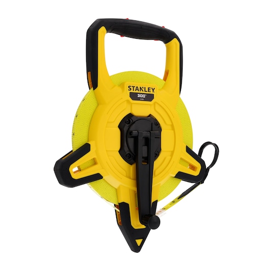 STANLEY 34-762 yellow open reel long tape measure with handle and winding lever, front angle photo.
