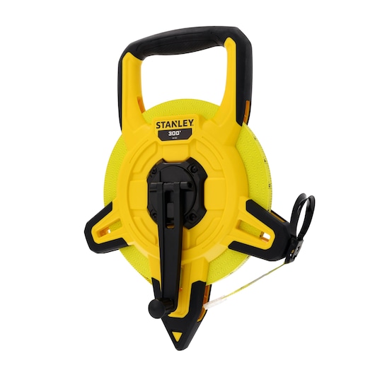 STANLEY 34-762 yellow and black open reel long tape measure front angle photography.