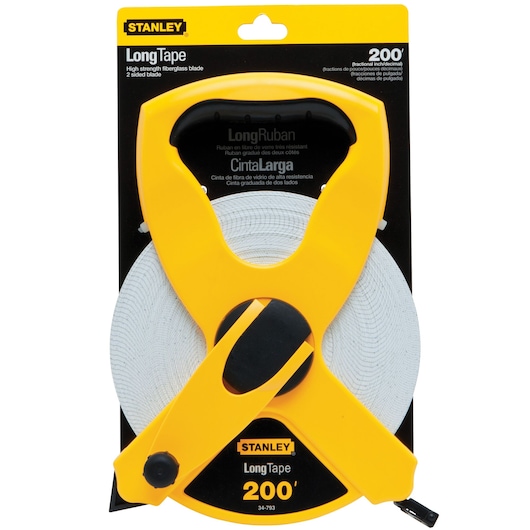 STANLEY 34-793 Long Tape 200 ft, yellow and black open reel fiberglass tape measure, front angle on white background.