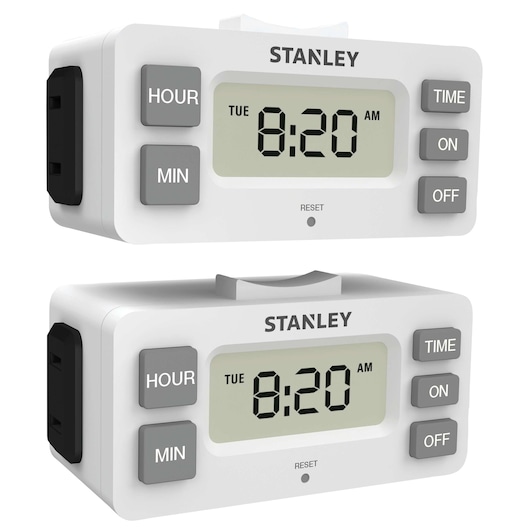 STANLEY digital programmable timer, white, LCD display, side power outlet, front and side view on white background
