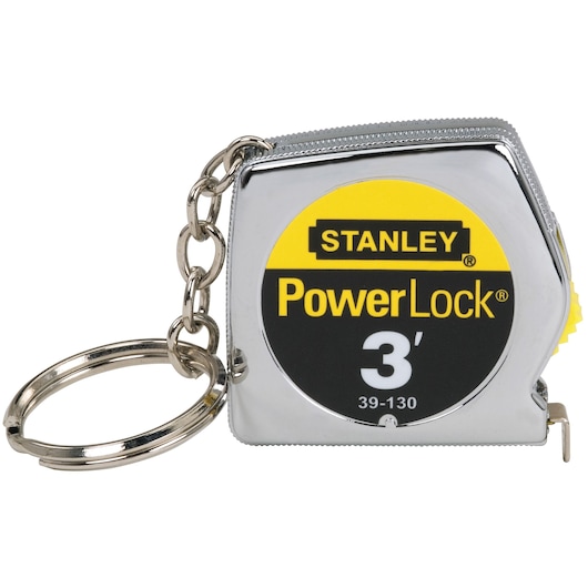 Stanley PowerLock 3-foot tape measure keychain, chrome finish, front angle on white background