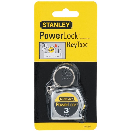 Stanley PowerLock KeyTape 3' tape measure keychain SKU 39-130 in retail packaging, front view.