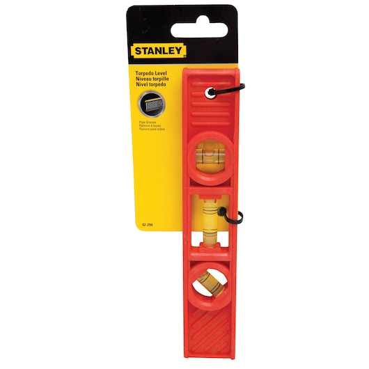 STANLEY 42-294 red torpedo level with three vials in retail packaging, front angle.