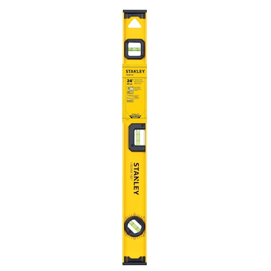 Photo of STANLEY 24-inch yellow box level SKU 42-324, three vials, front view on white background.