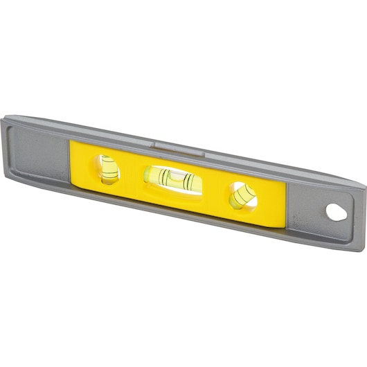 STANLEY 42-465 box beam level with yellow body, three vials, and gray frame, angled view on white background.