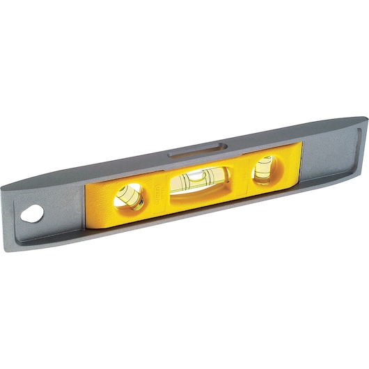 STANLEY 42-465 torpedo level with yellow body and gray ends, front angle, photography on white background.