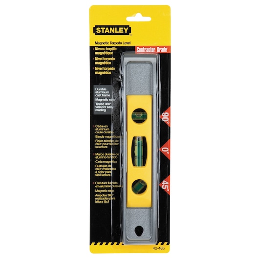 STANLEY 42-465 magnetic torpedo level in blister packaging, yellow and silver, front angle.