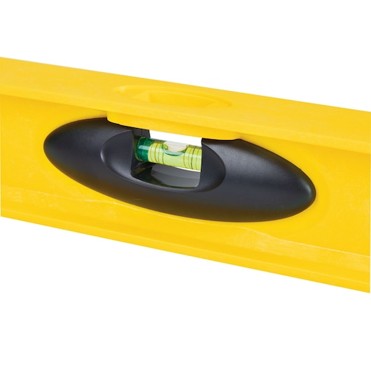 STANLEY 42-470 yellow spirit level close-up with black vial holder, photography on white background.