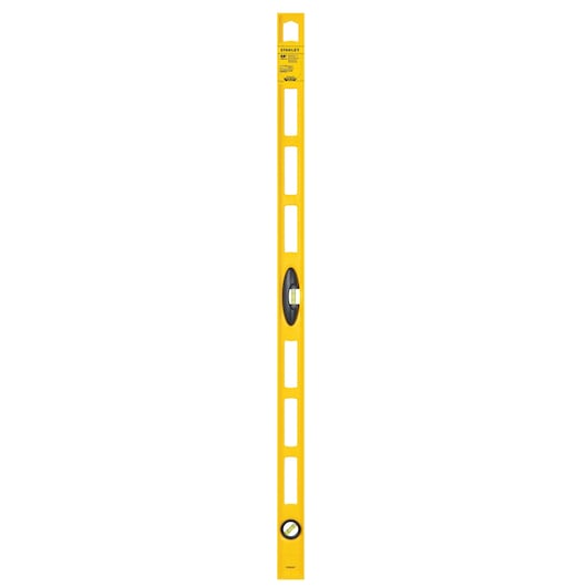 Photo of STANLEY 42-470 yellow box level with cutout frame and two acrylic vials, front view.