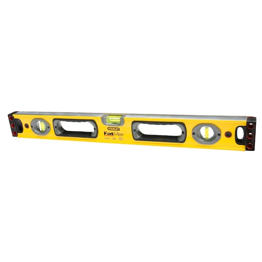 Stanley FatMax 24-inch box level, side view, yellow body with three bubble vials and two grip handles