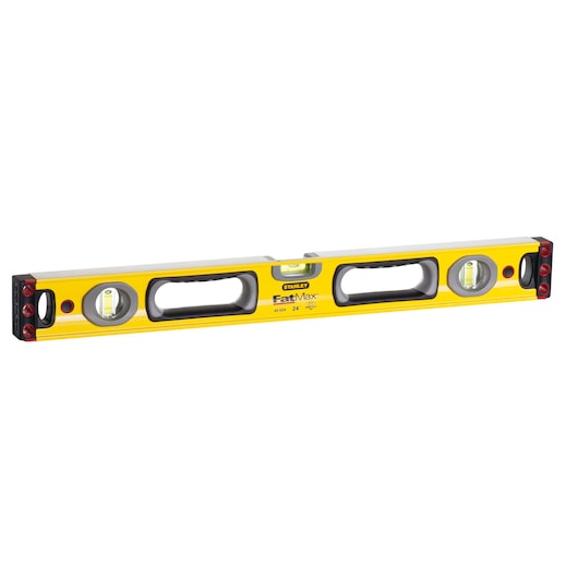 Stanley 43-524 FatMax yellow box level with three vials and two handles, front angle, photography.