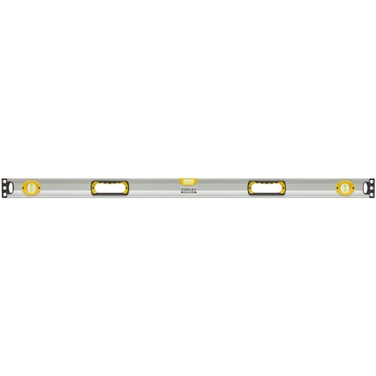 STANLEY 43-549 aluminum level, silver body with yellow accents, frontal product photo on white background.