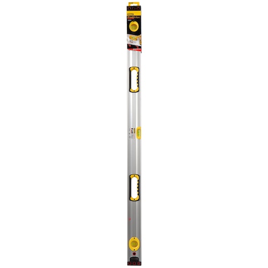 STANLEY 43-549 aluminum box level with yellow accents, three bubble vials, and ergonomic hand holes, front view.