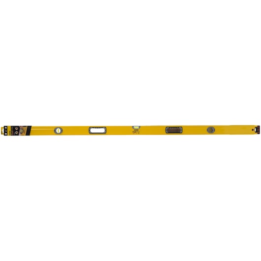 Photo of STANLEY 43-572 yellow spirit level with dual handles, three vials, and black accents, side angle on white background.
