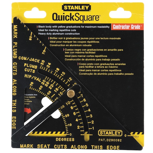 STANLEY 46-053 QuickSquare black aluminum rafter square with yellow markings, shown in retail packaging, angled front view.
