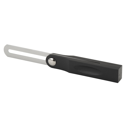 Stanley black plastic and stainless steel sliding angle ruler, side view on white background