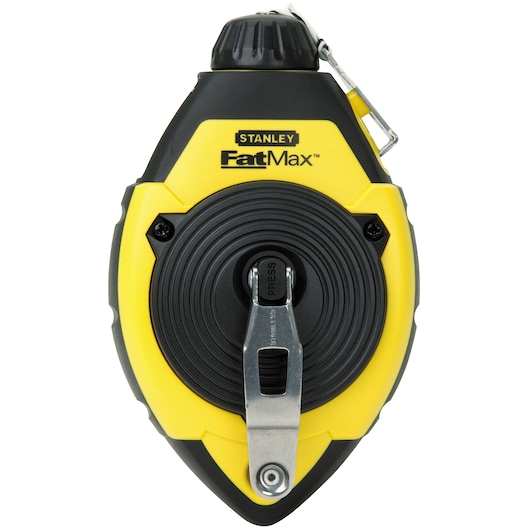 Stanley FatMax chalk line reel, front view, yellow and black plastic casing with metal handle and clip.