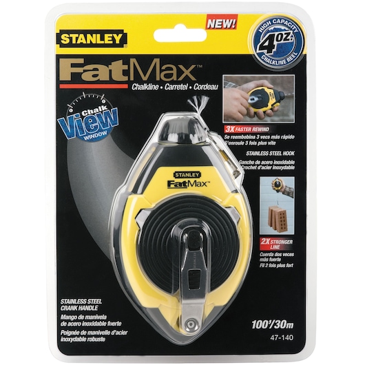 STANLEY FatMax chalk line 100 foot, yellow and black, in retail packaging, front angle view. SKU 47-140.
