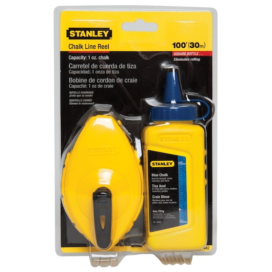 STANLEY 47-442 chalk line reel kit with yellow reel and blue chalk bottle in retail packaging, front angle.