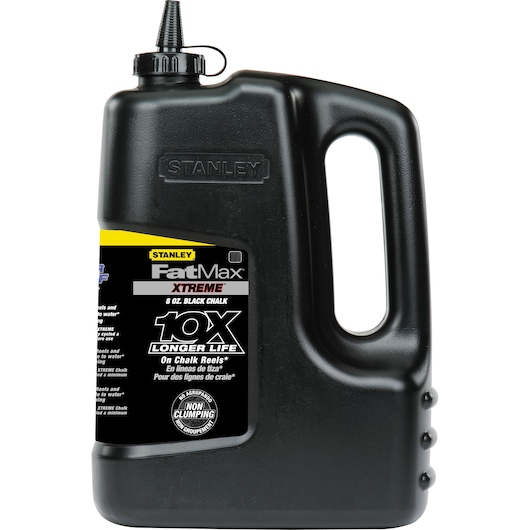 STANLEY 47-828 FatMax Xtreme 8 oz black chalk container, front angle, with non-clumping label.