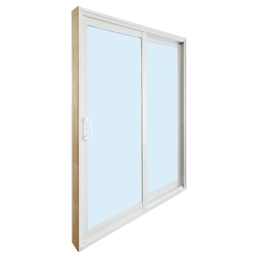 Angled view of a white-framed sliding glass patio door with wooden trim on a white background