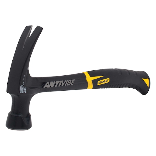 Photo of STANLEY 51-165 claw hammer with black and yellow handle, side angle on white background.