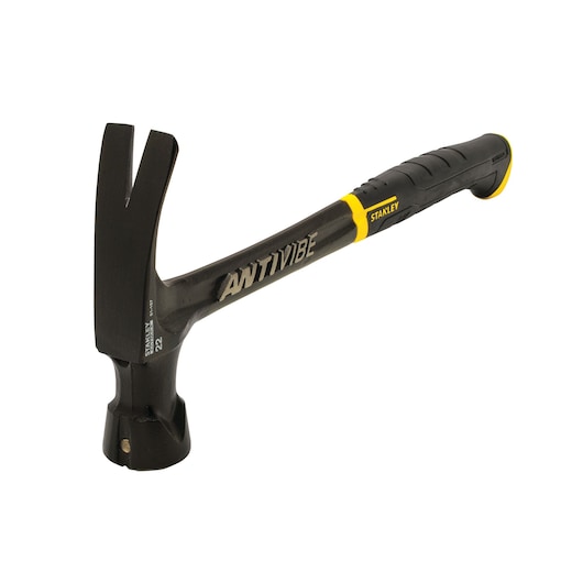 STANLEY 51-167 black and yellow AntiVibe claw hammer, side angle, ergonomic handle.