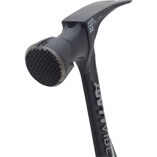 STANLEY 51-167 claw hammer with anti-vibration handle, close-up of milled striking face, white background.