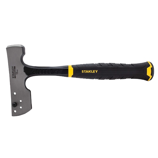 Stanley 54-028 hammer with black and yellow anti-vibration handle, side view on white background.