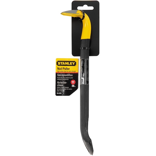 Photo of STANLEY 55-035 nail puller, yellow and black high carbon steel tool on white background, with product tag.