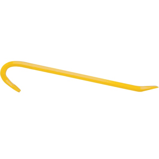 STANLEY 55-118 yellow pry bar, curved end and chisel tip, hand tool, side angle on white background.