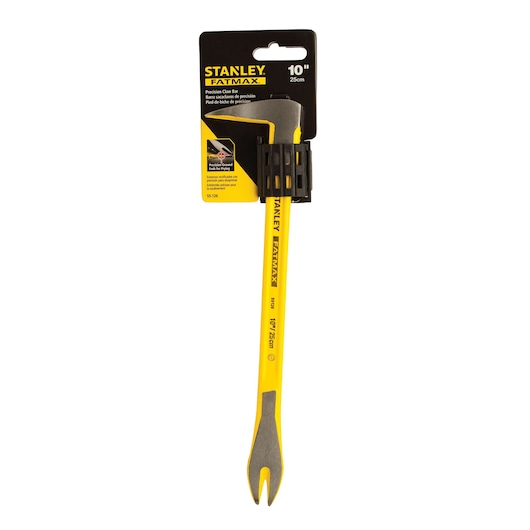 STANLEY FATMAX 10-inch yellow precision claw bar, SKU 55-126, front angle on white background.