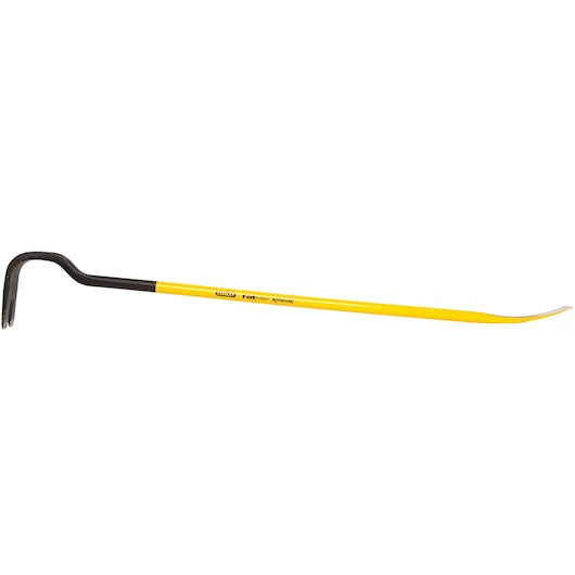 STANLEY 55-504 yellow and black pry bar, flat steel bar with angled ends, side view, hand tool.