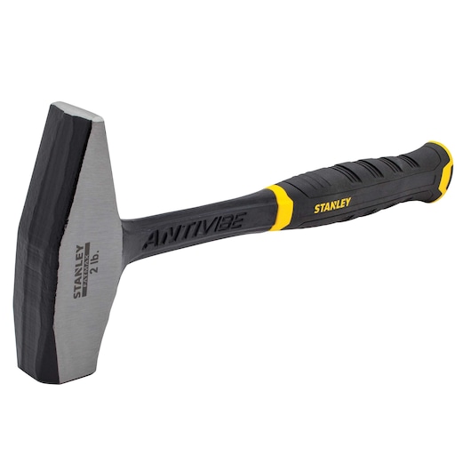 STANLEY 56-003 black and yellow sledgehammer, angled handle, white background, photography.