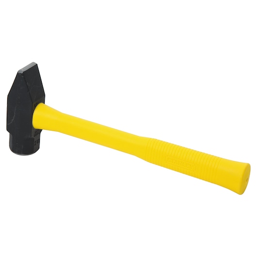 Stanley 56-218 black sledge hammer with yellow fiberglass handle, side angle, tool photography.