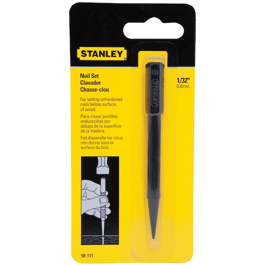 STANLEY 58-111 nail set tool in black, 1/32 inch size, in retail packaging, front view on white background.