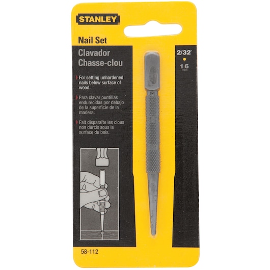 STANLEY 58-112 nail set tool in retail packaging, yellow and black card with product visible through plastic front.
