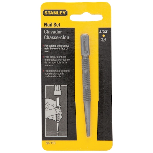 Photo of STANLEY 58-113 nail set tool in retail packaging, shown from front on white background.