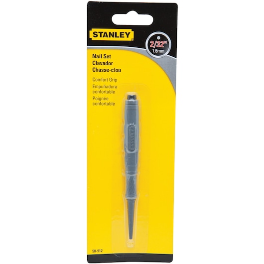 STANLEY 58-912 nail set with comfort grip, 2/32 inch size, in yellow and black retail packaging, front view.