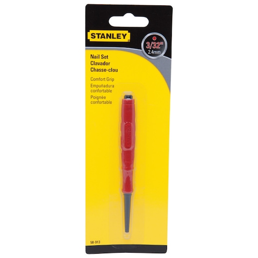 STANLEY 3/32 inch nail set with red comfort grip handle in retail packaging, SKU 58-913, front view.
