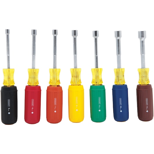 STANLEY 62-546 nut driver set with seven colored handles, front angle photo on white background.