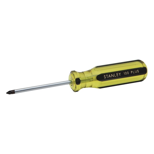 Stanley Philips screwdriver side angle, yellow transparent handle, black tip, white background