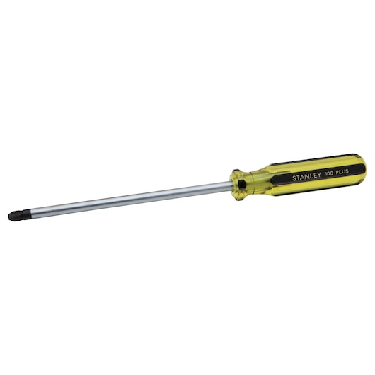 Stanley Phillips screwdriver side view, translucent yellow handle, long metal shaft, white background