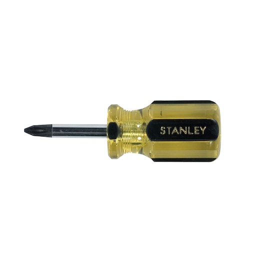 Stanley Phillips screwdriver with yellow and black handle, side view on white background