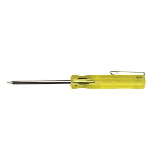 Stanley voltage tester with yellow transparent handle, side view on white background