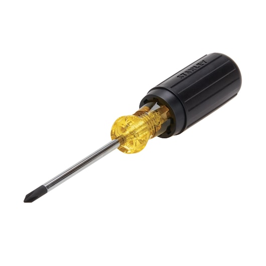 Stanley Phillips screwdriver, angled view, black handle and yellow translucent collar on white background