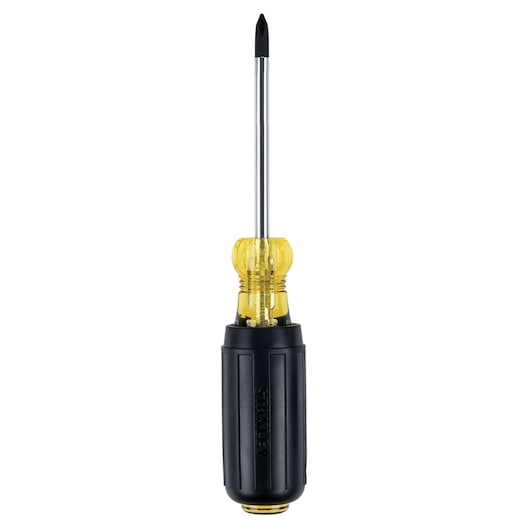 Stanley multi-bit screwdriver front view with yellow transparent and black handle on white background