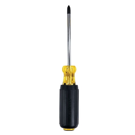 Photo of STANLEY 65-902 Phillips screwdriver with black and yellow handle, front angle on white background.